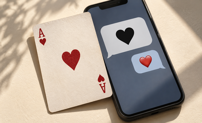 An ace of hearts beside black and red heart symbols in illustrated phone messages